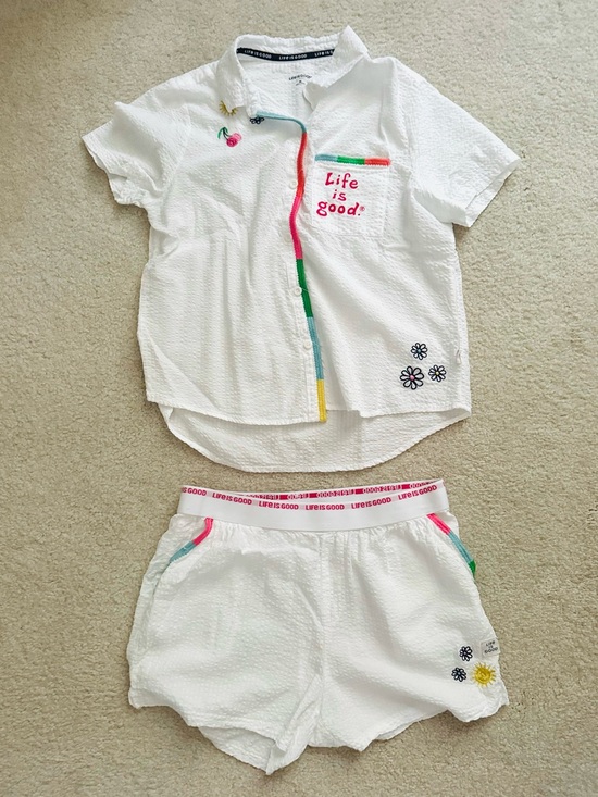 Life Is Good Other - Life Is Good Sleep Set Seersucker Embroidered Rainbow Pajama Top & Shorts White